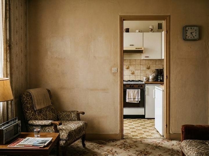 Cuisine fermée transformée en cuisine américaine ouverte avec îlot central, rendu généré avec Voilà (avant)